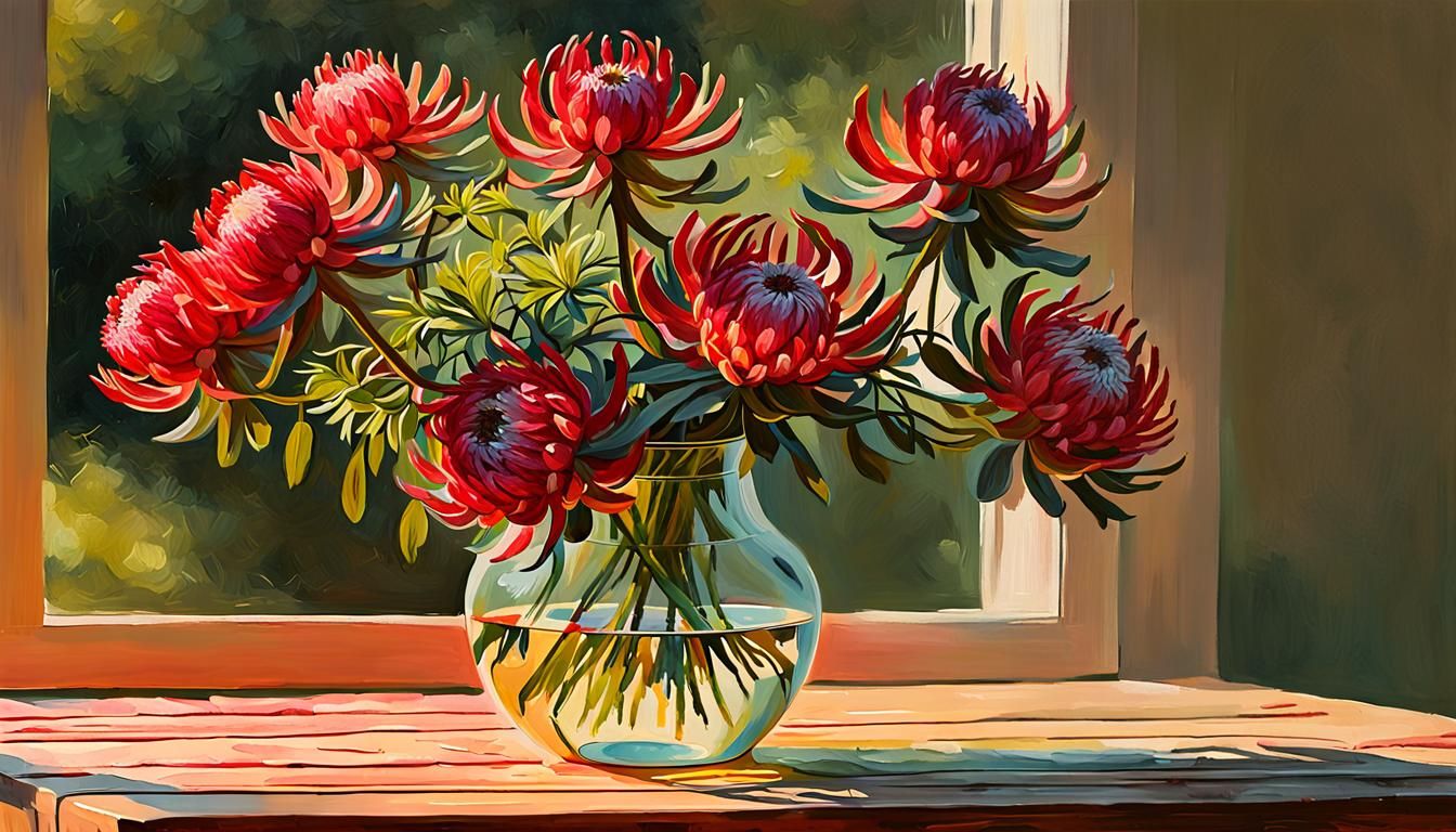 Vibrant Impressionist Still Life of Waratahs in a Sunlit Gar...