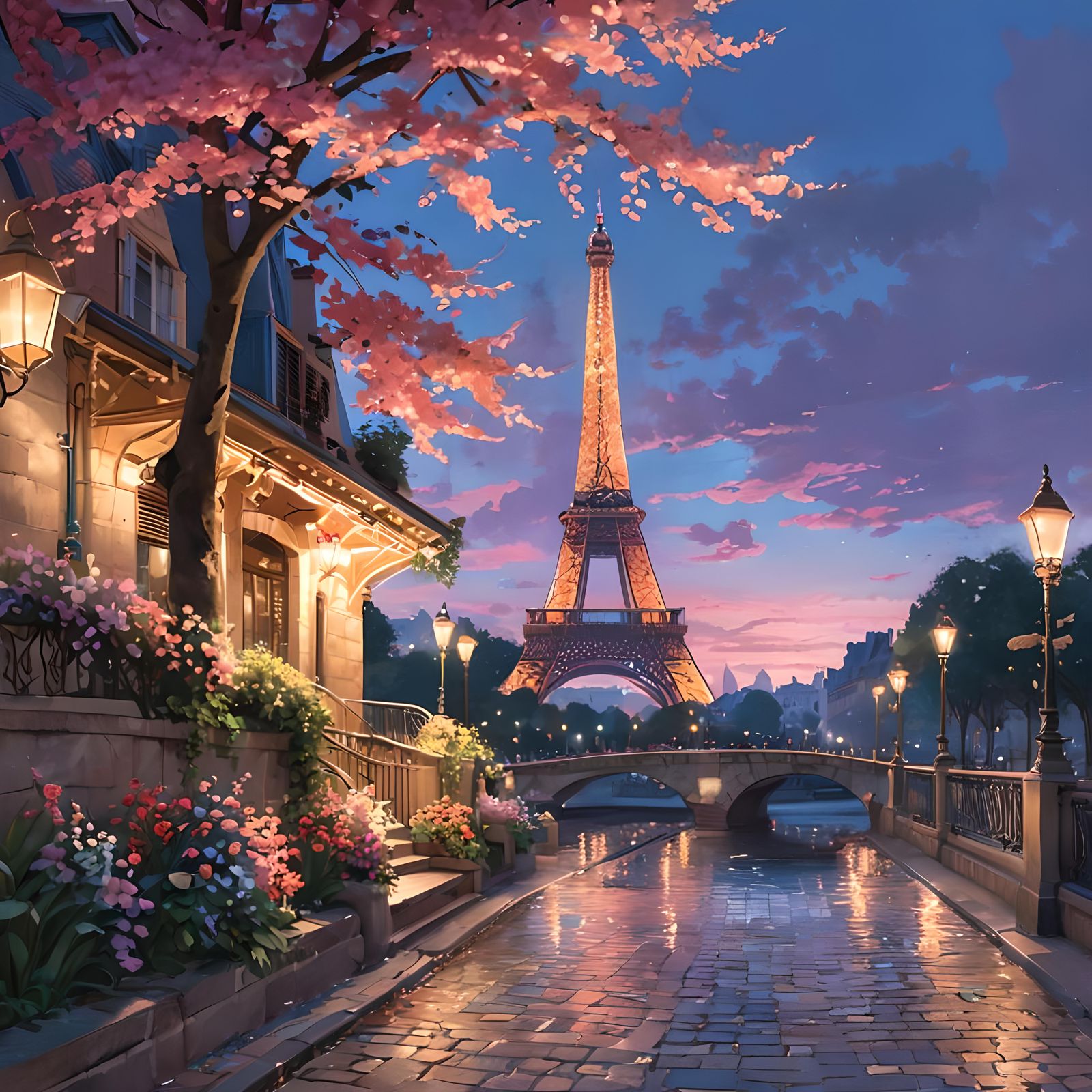 Paris at Twilight: Iridescent Lights and Shimmering Flowers
