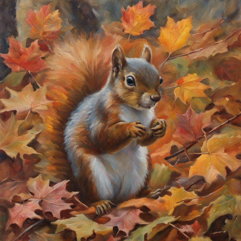 Squirrel in Autumn Leaves, Oil Painting