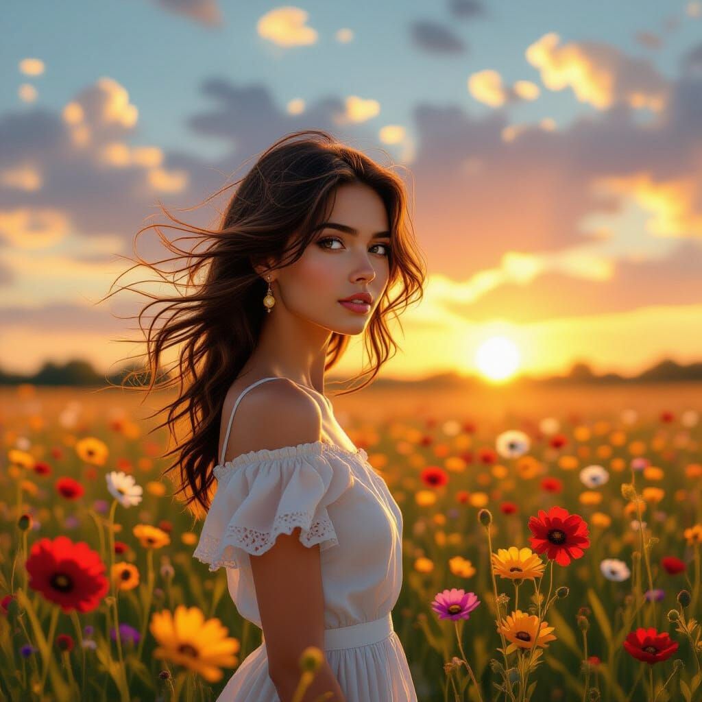 Woman in Wildflower Field at Golden Hour