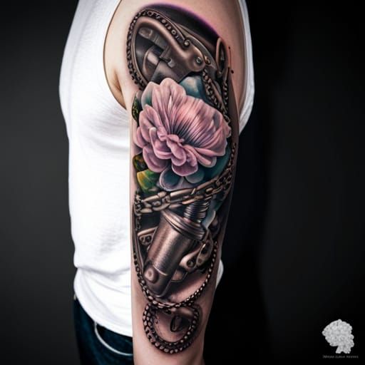 Spark Plug Tattoo with Violet Flower, Hyperrealistic