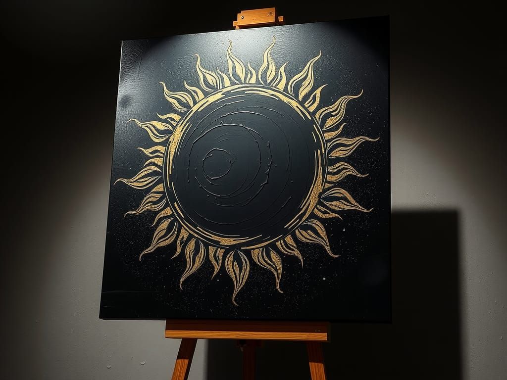Matte Black Sunshine Painting with Golden Highlights