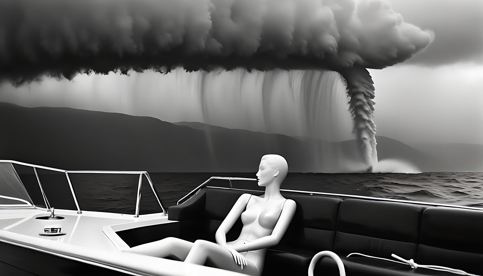 Mannequin on Yacht Sailing Towards Waterspout