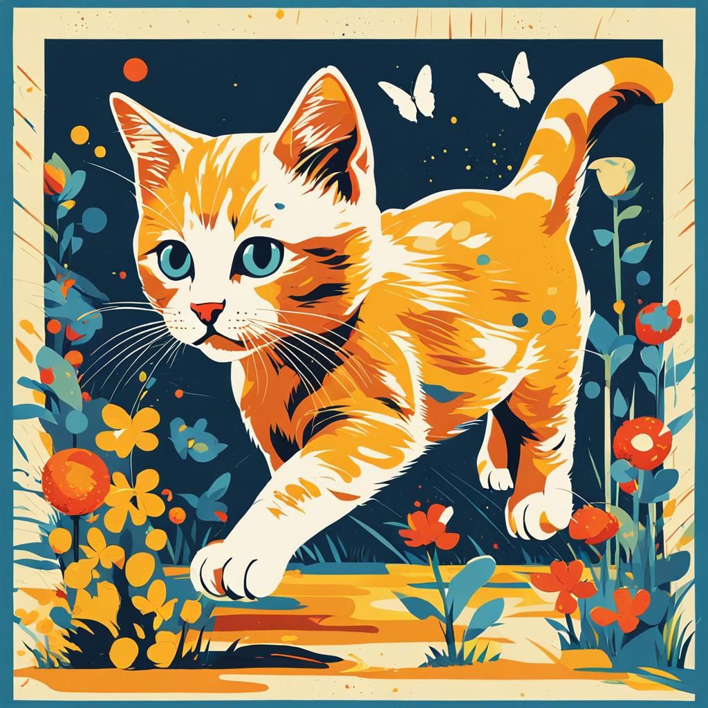 Kitten and Butterfly in Garden: Pop Art Screen Print