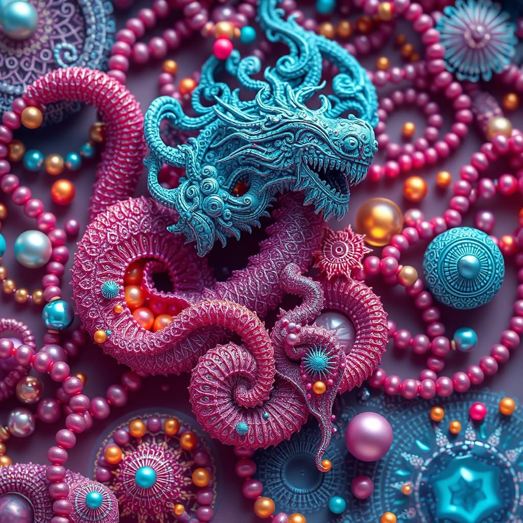 Intricate Beaded Mythical Creatures in Abstract Vector Style