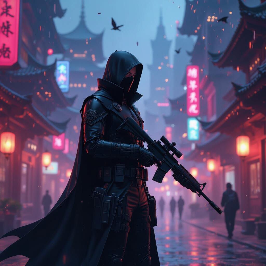 Bodyguard Protecting Assassin in Neon Cityscape