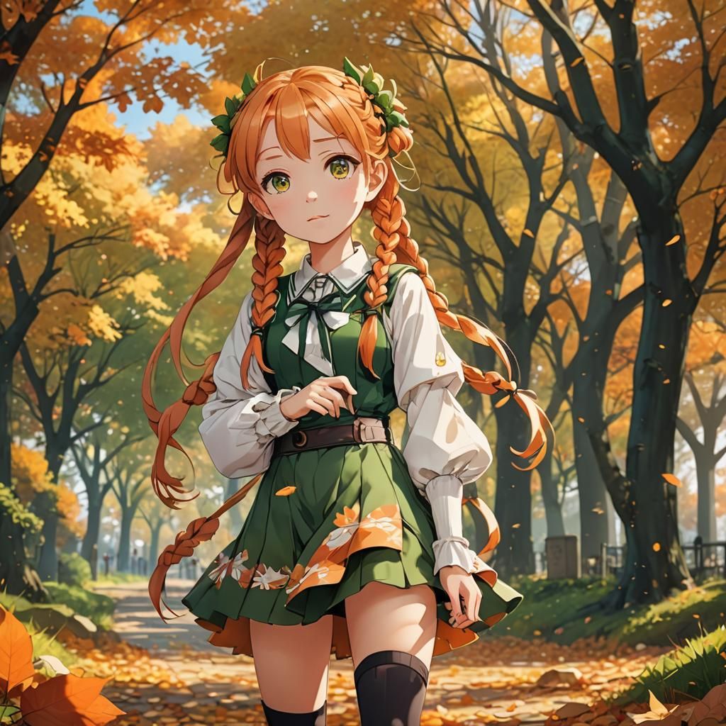 Cartoon Girl in Autumn Landscape, Anime Style