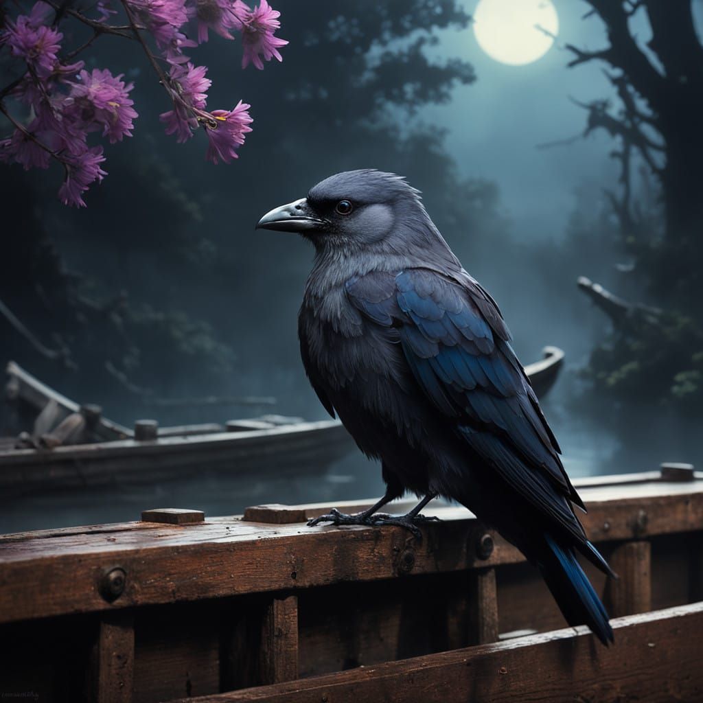 Majestic Mystical Crow on Worn Boat in Swampy Sunset