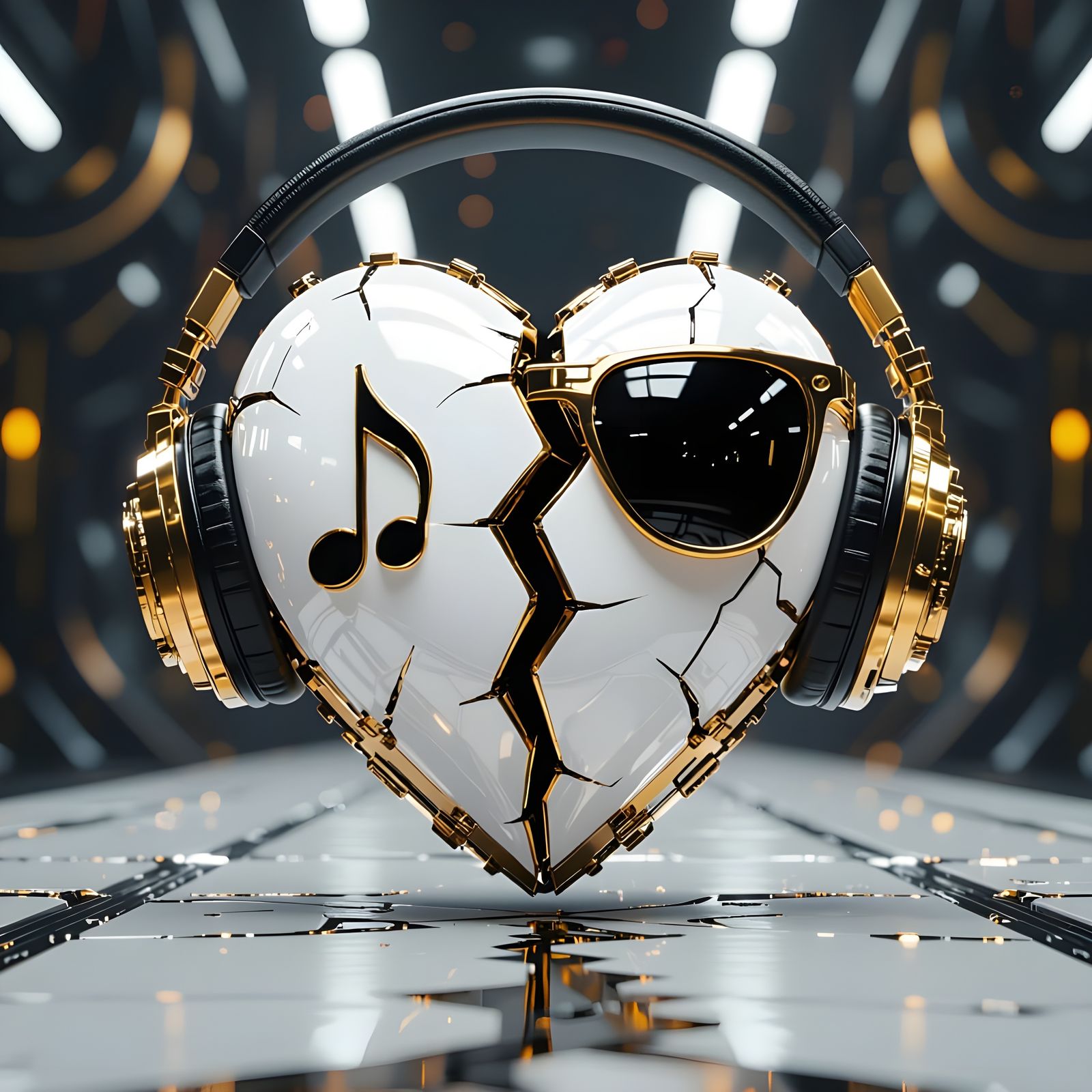 Futuristic Album Cover with Cracked Heart and Headphones
