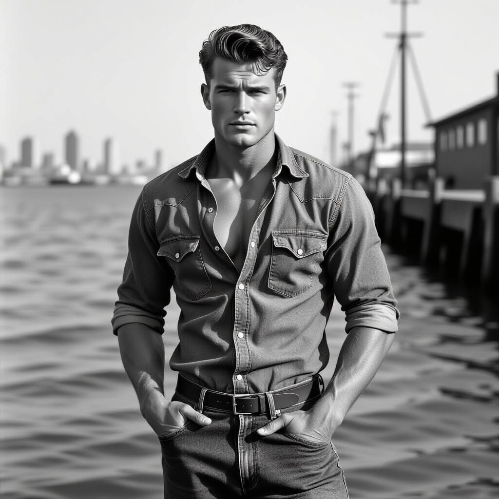 1950s Noir Film Scene: Muscular Man by Waterfront