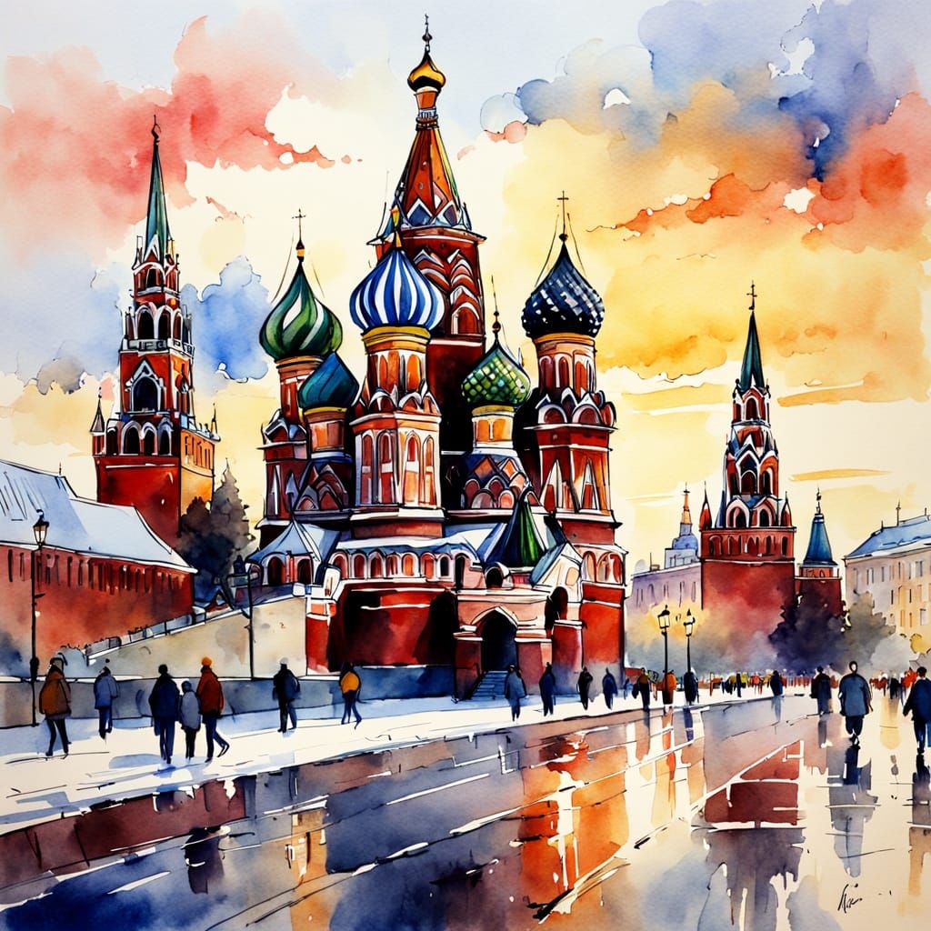 Kremlin on Red Square: Watercolor Sketch in Golden Light