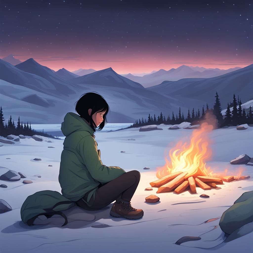 Girl by Campfire Under Northern Lights
