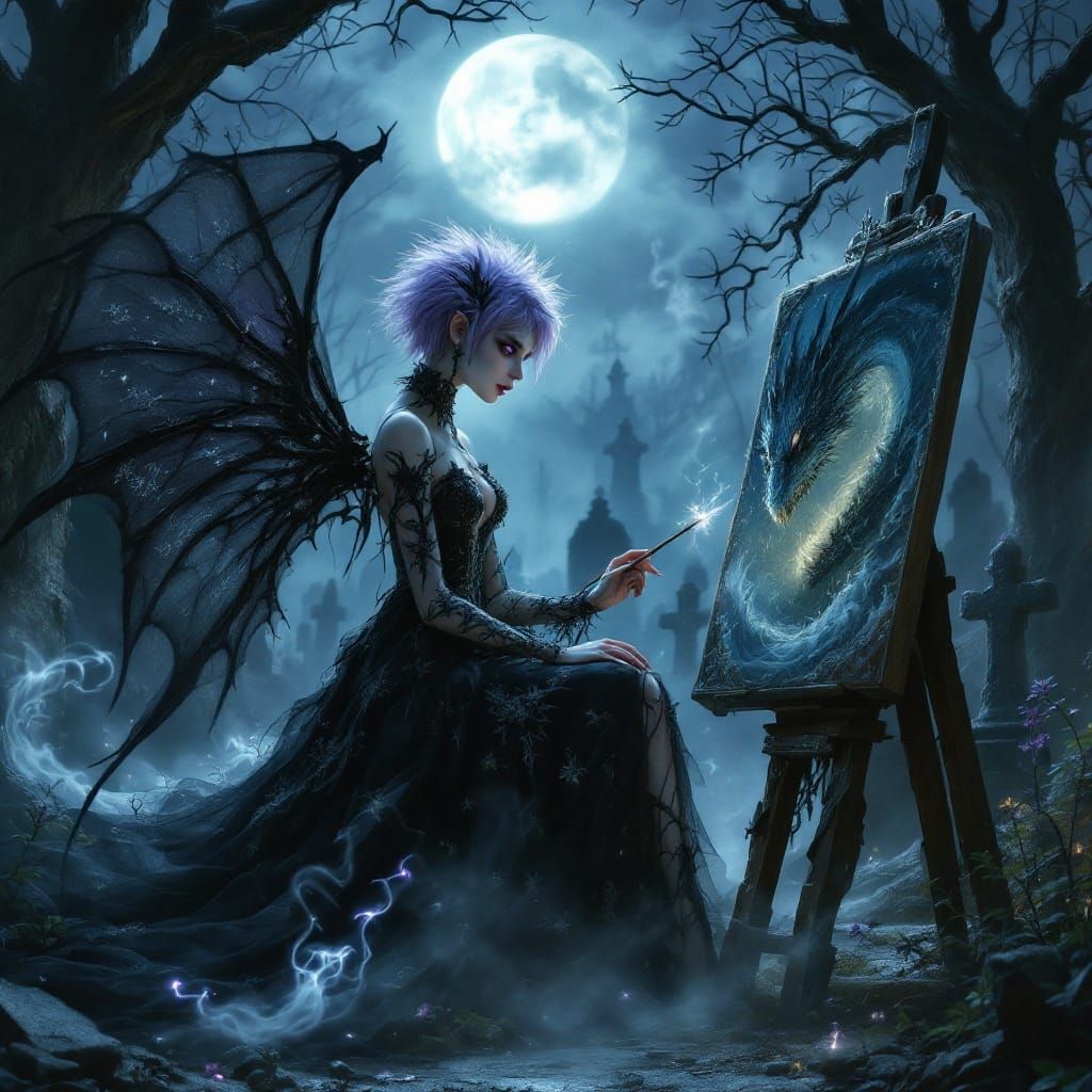 Gothic Fairy Paints Dragon Portrait in Moonlit Graveyard