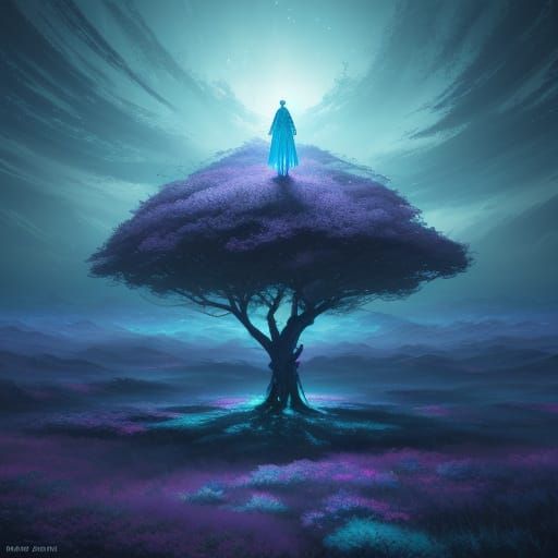 Hallucinatory Anime Character in Surreal Landscape