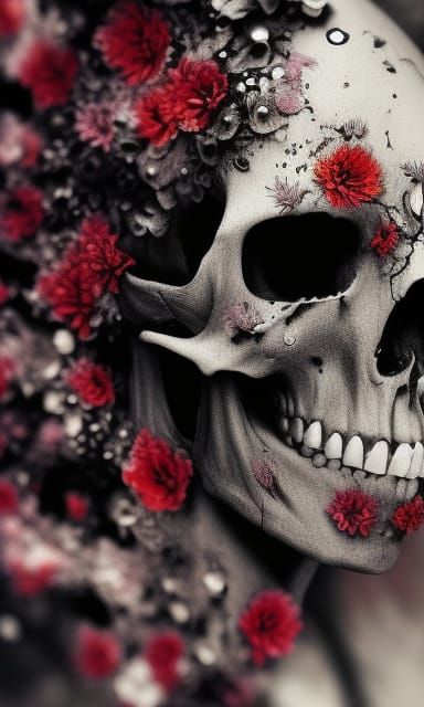 Floral Skull Close-Up in Eerie, Wet Brush Style