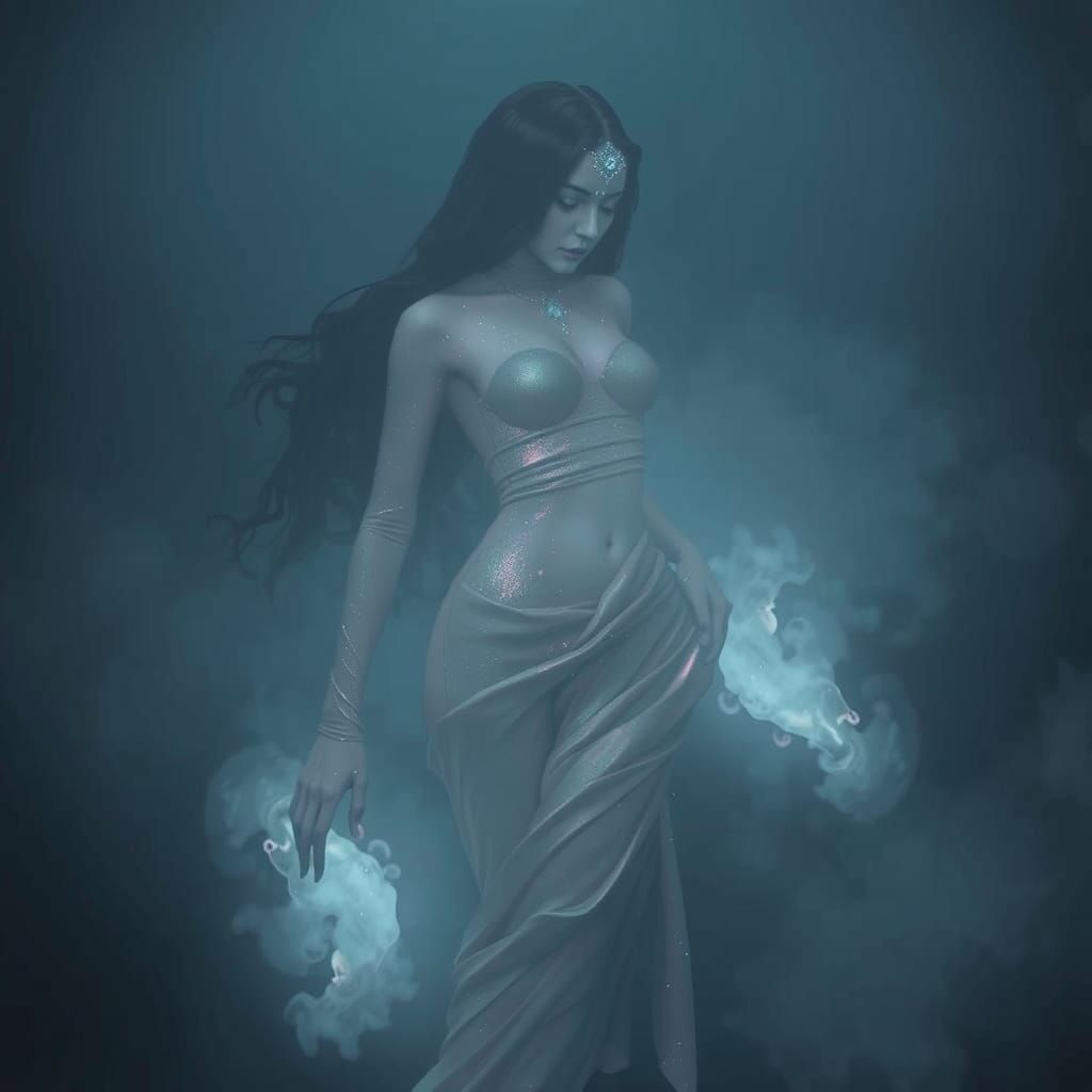Ethereal Mist Lady in Aurora Lights: Surreal Art