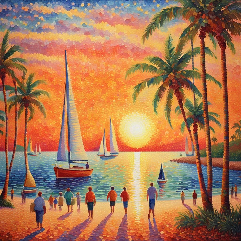 Pointillist Beach Scene with Sailboats at Sunset