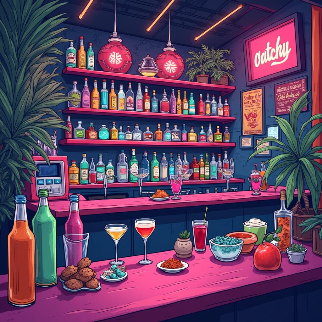 Lively Bar Scene with Colorful Mocktails and Snacks in a Neo...