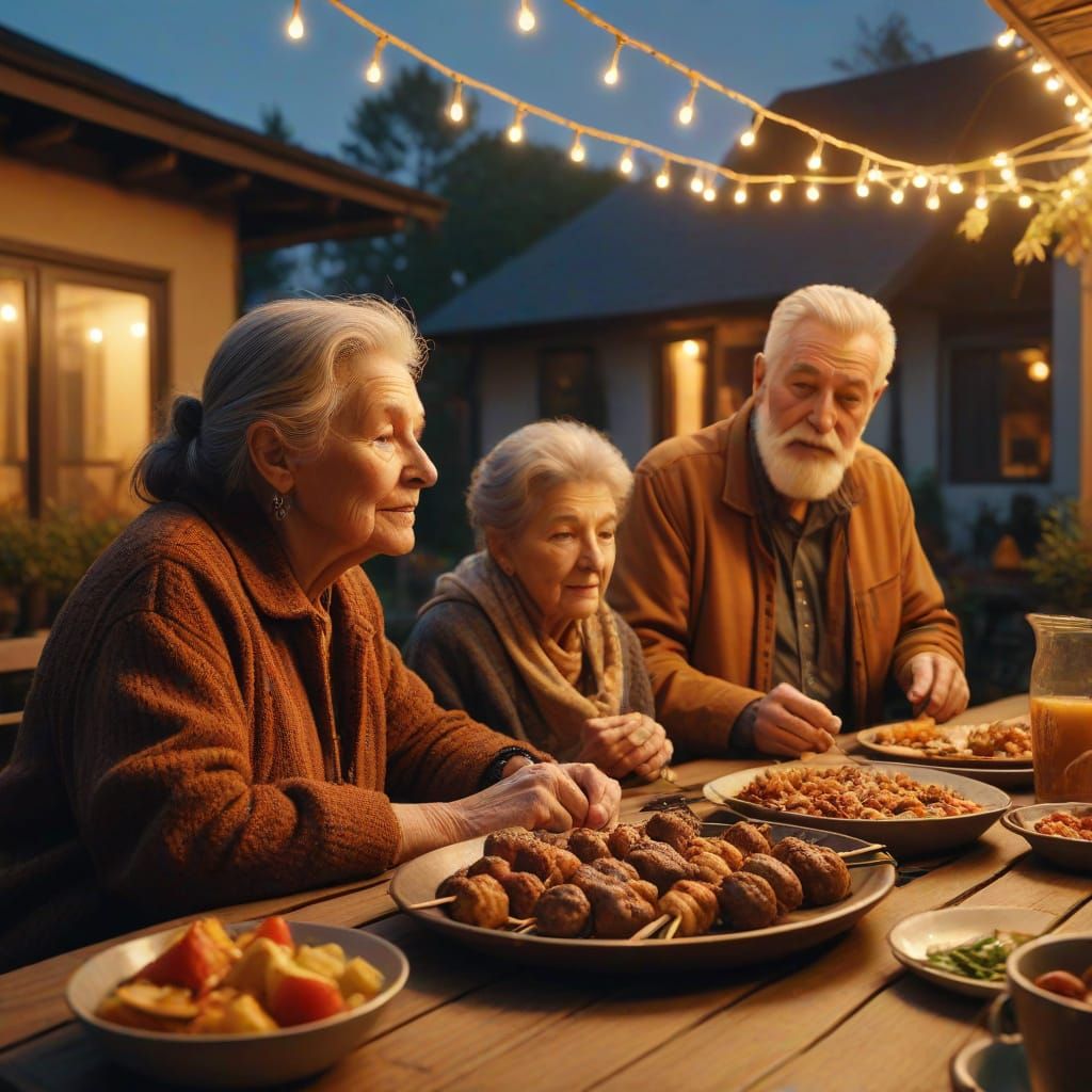 Family Eating Kebabs on Patio in Golden Hour Oil Painting