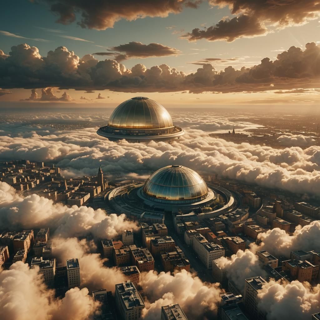Flying Domed City Amidst Venus Clouds