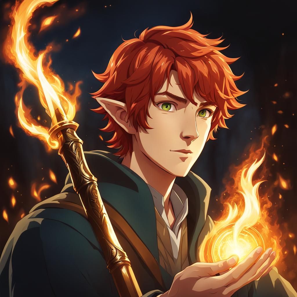 Hobbit Sorcerer Controls Fire Magic, Ghibli Style