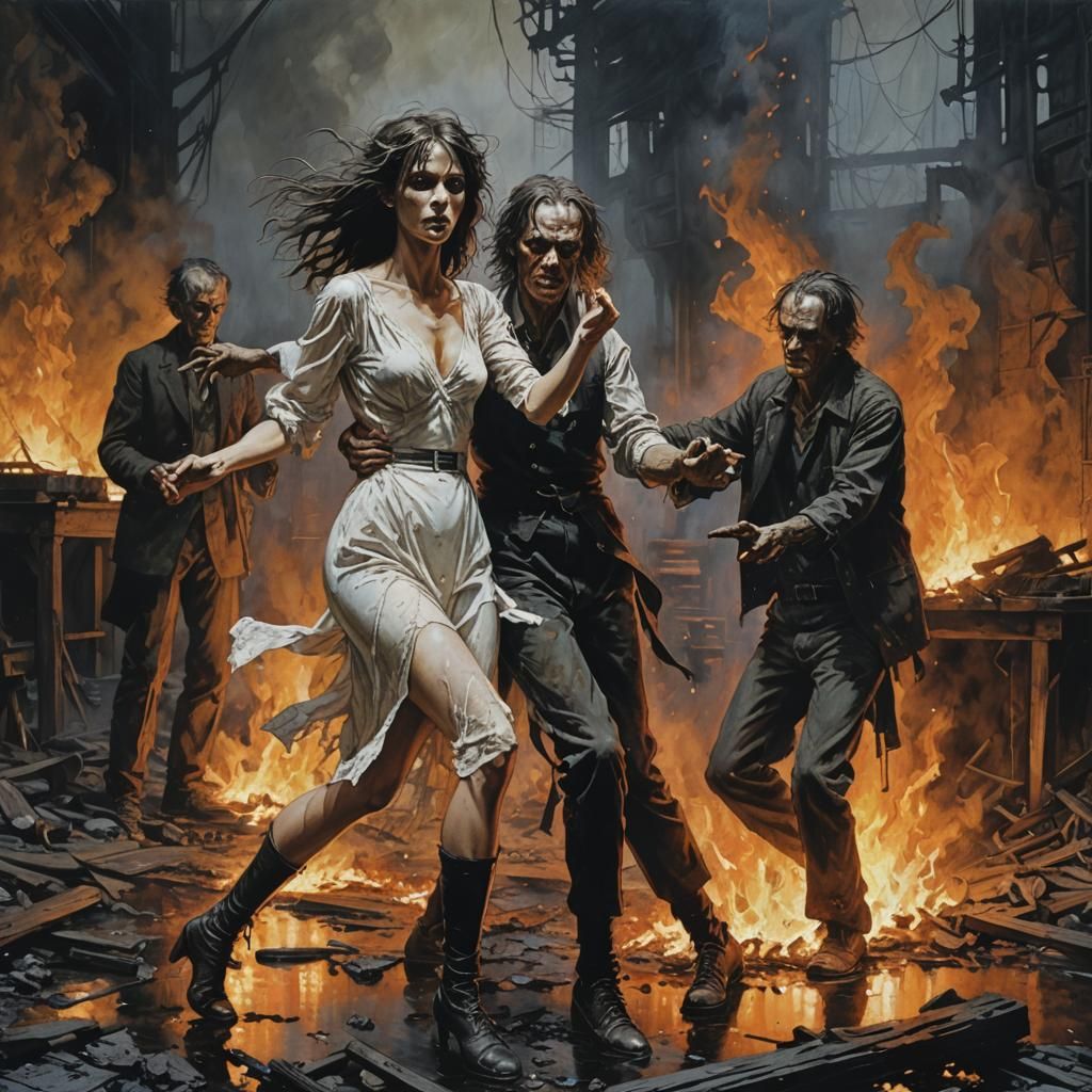 Dystopian Bridesmaid Dancing Over Fire, Horror Portrait