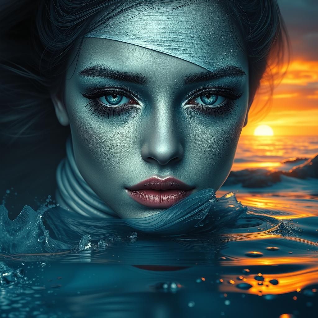 Silver Woman's Sunset Lament: Fantasy Art