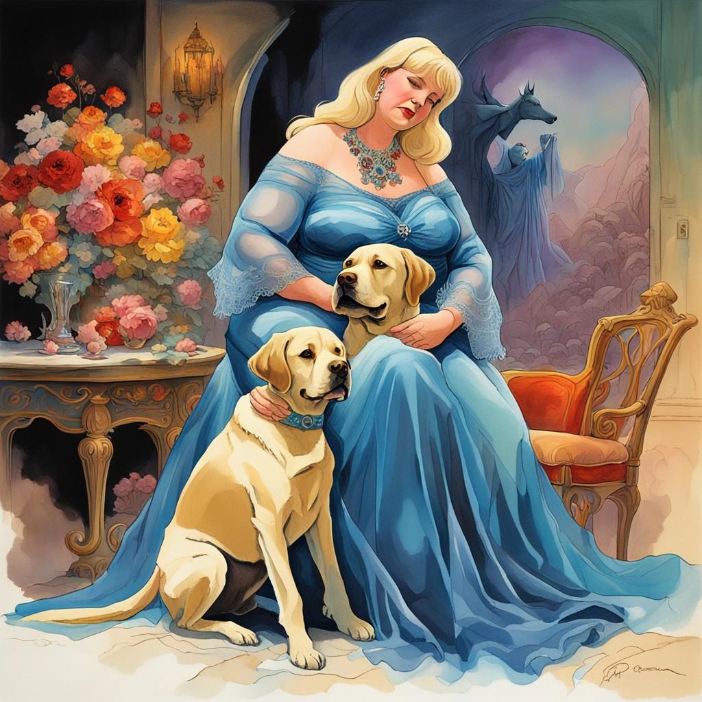 Woman Hugging Puppy in Expressionist Comic Style