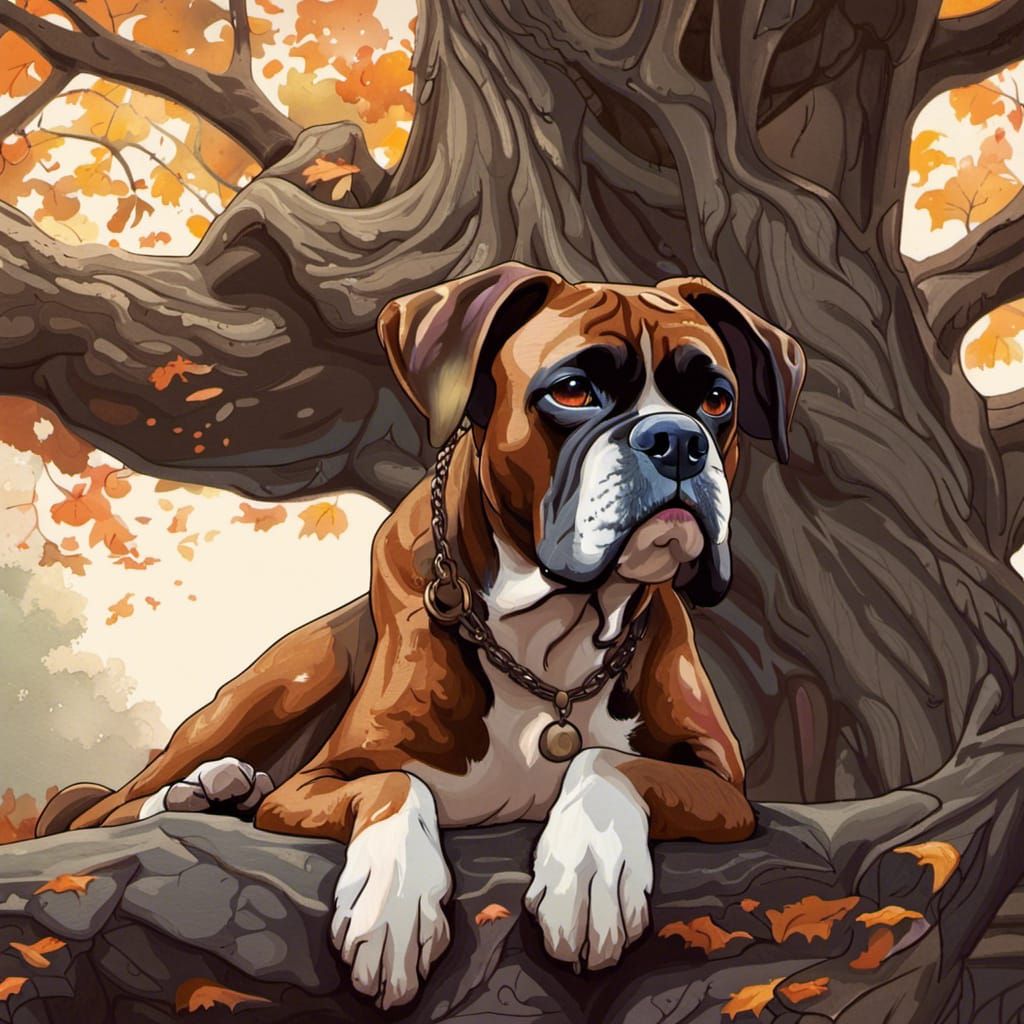 Brindle Boxer Dog Portrait Under Gothic Tree