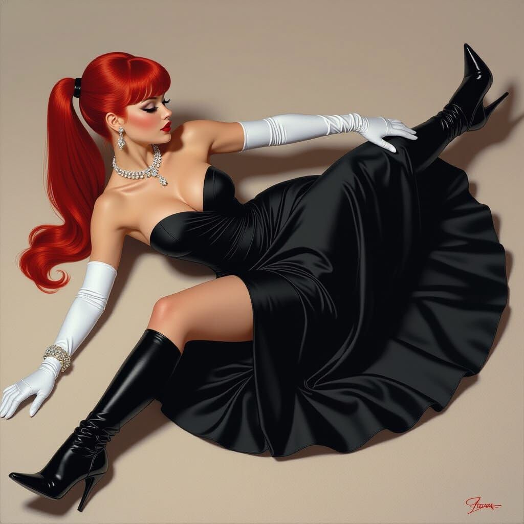 Elegant Woman in Black Dress with Red Hair