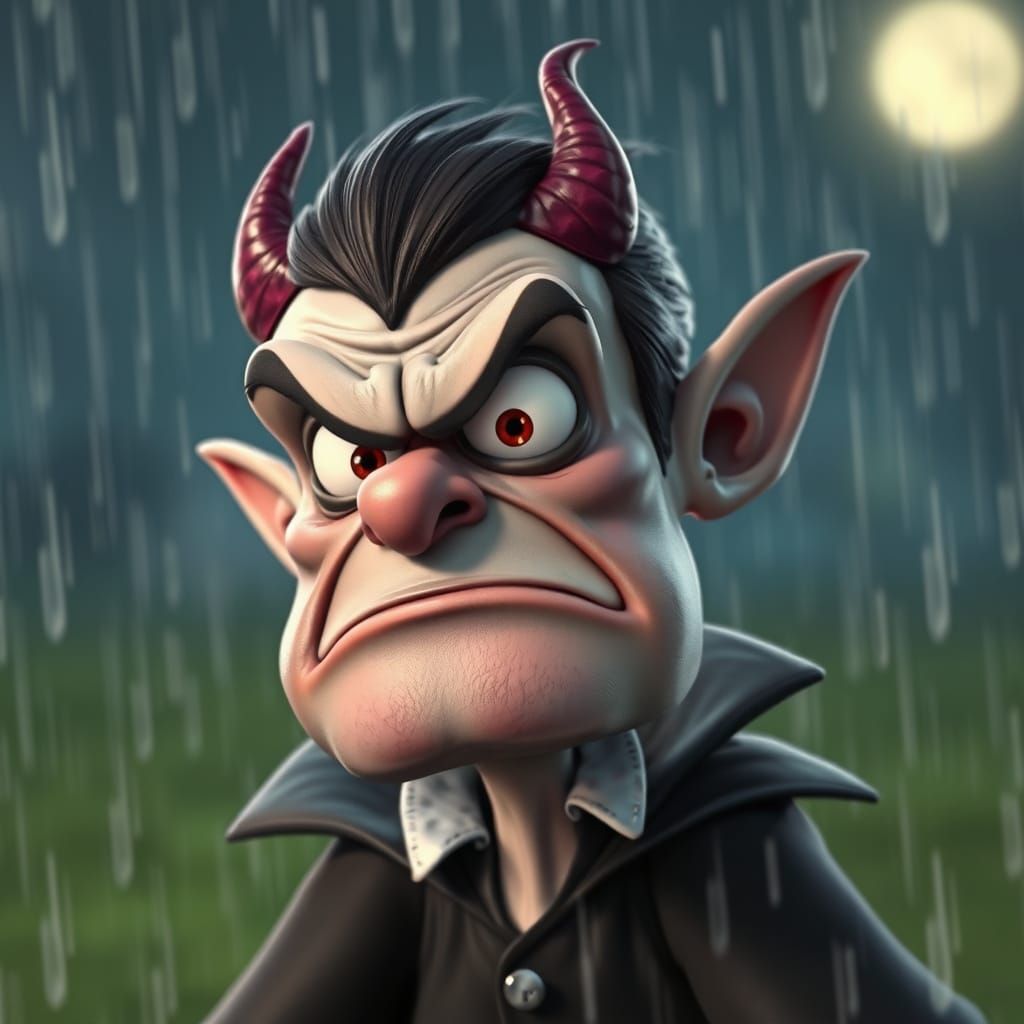 Grumpy Vampire in Rain: Detailed CGI Cartoon