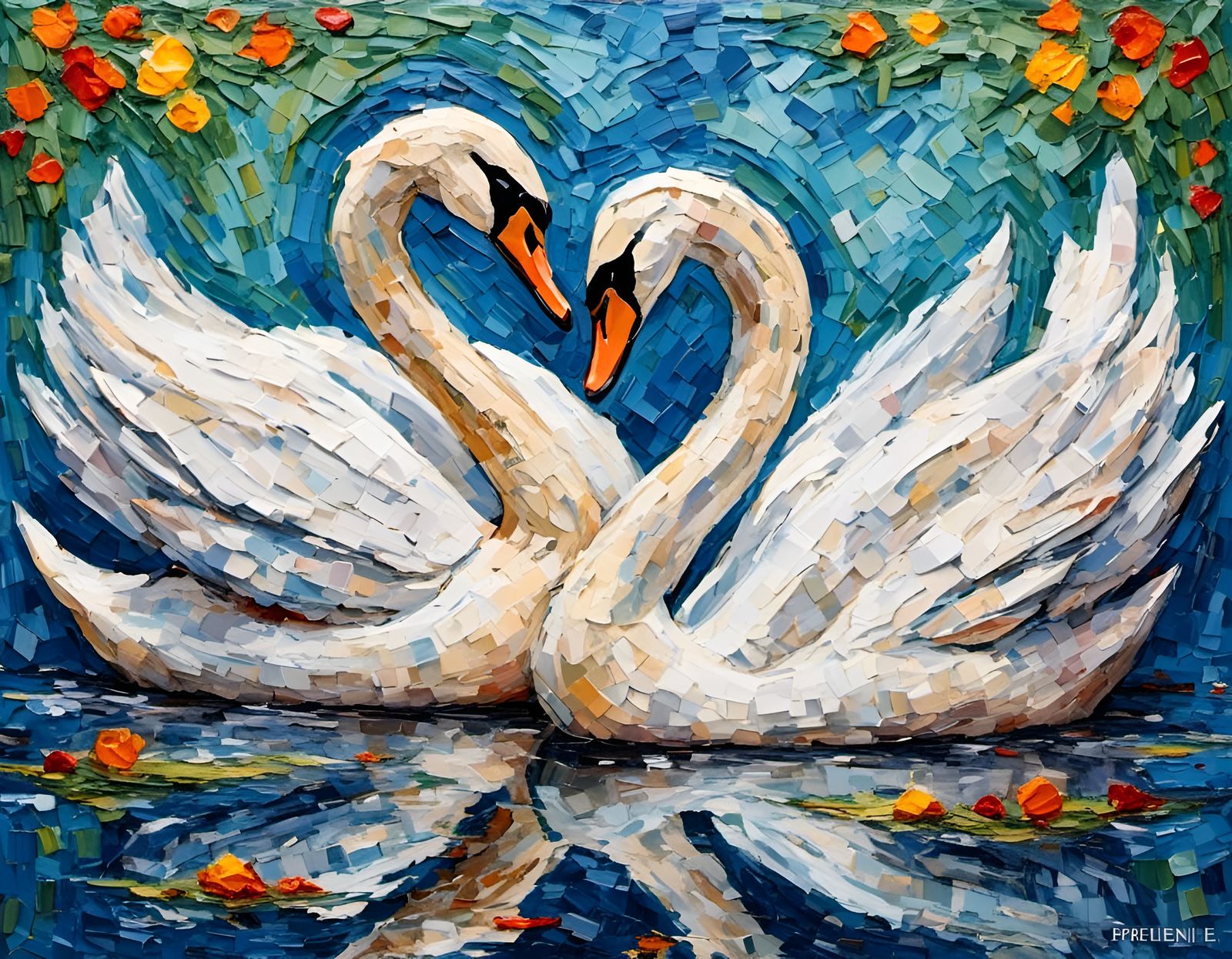 Geometric Impasto Painting of Swans Forming a Heart