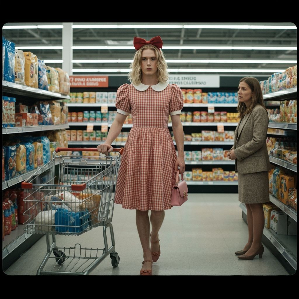 Man in Gingham Dress Pushing Shopping Cart in Supermarket