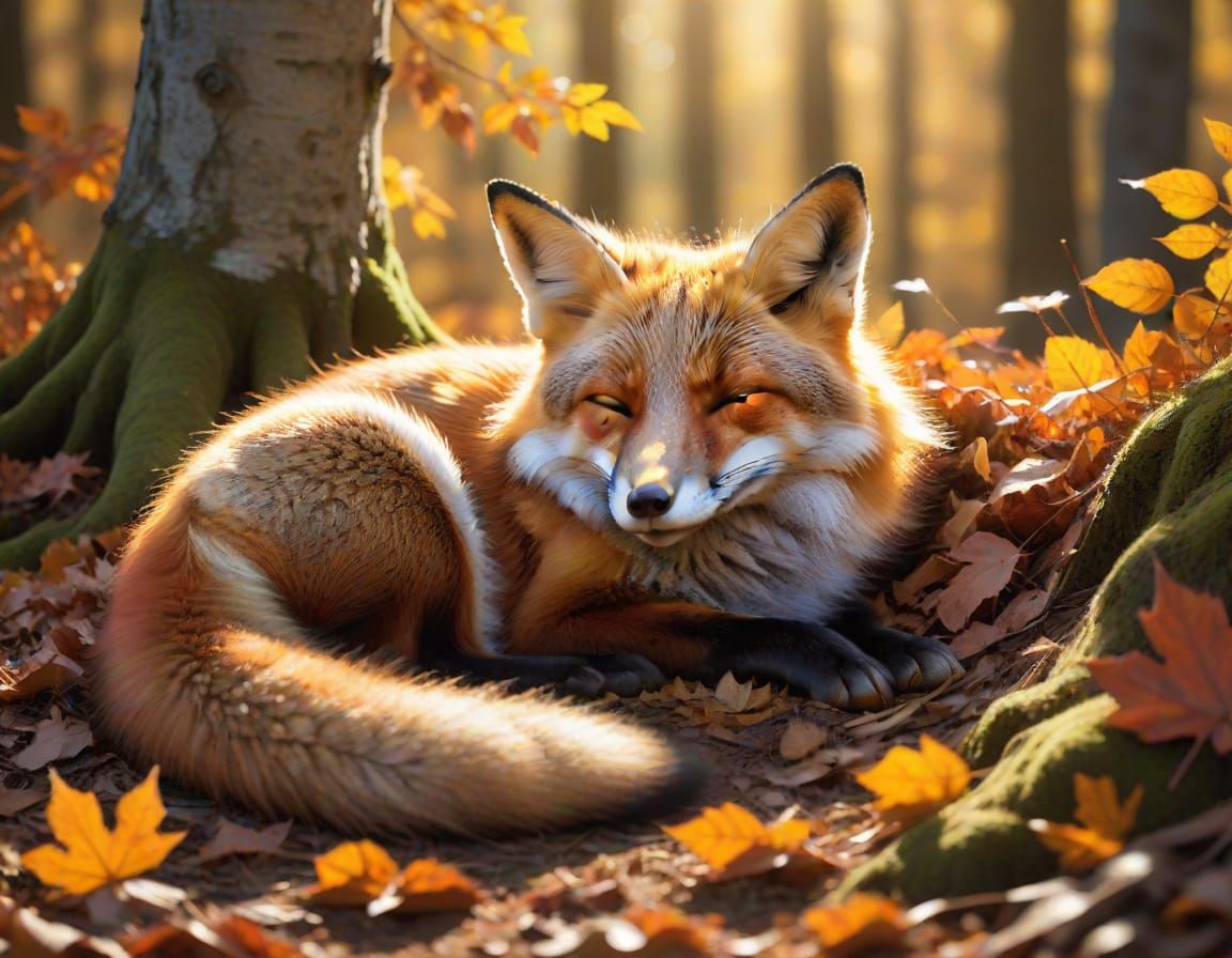 Fox Sleeping Peacefully in Autumn Sunlight