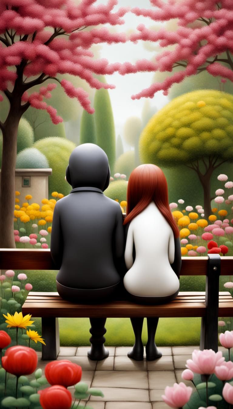 Sitting on a bench, holding hands.