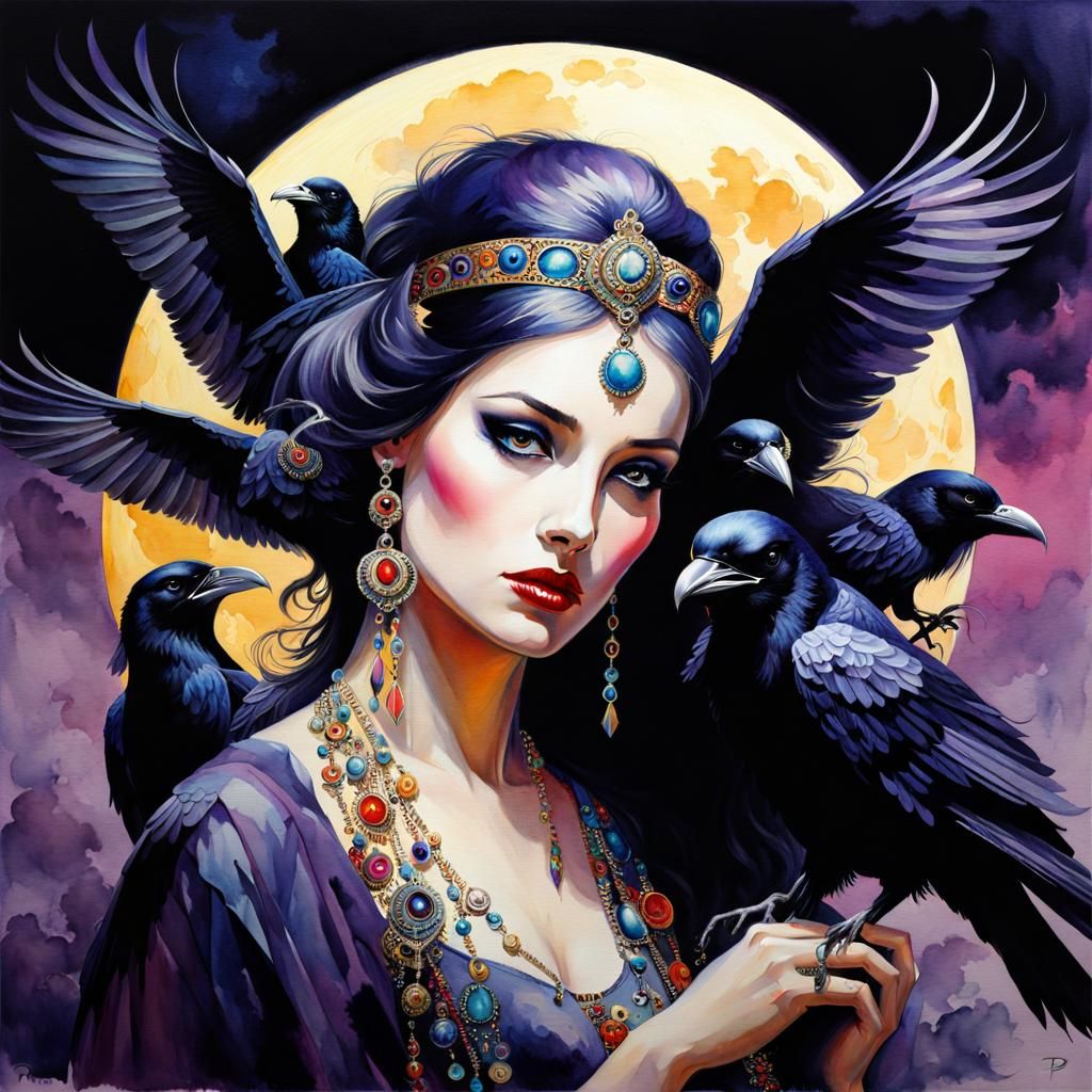 Raven Woman in Super-Saturated Watercolour Style