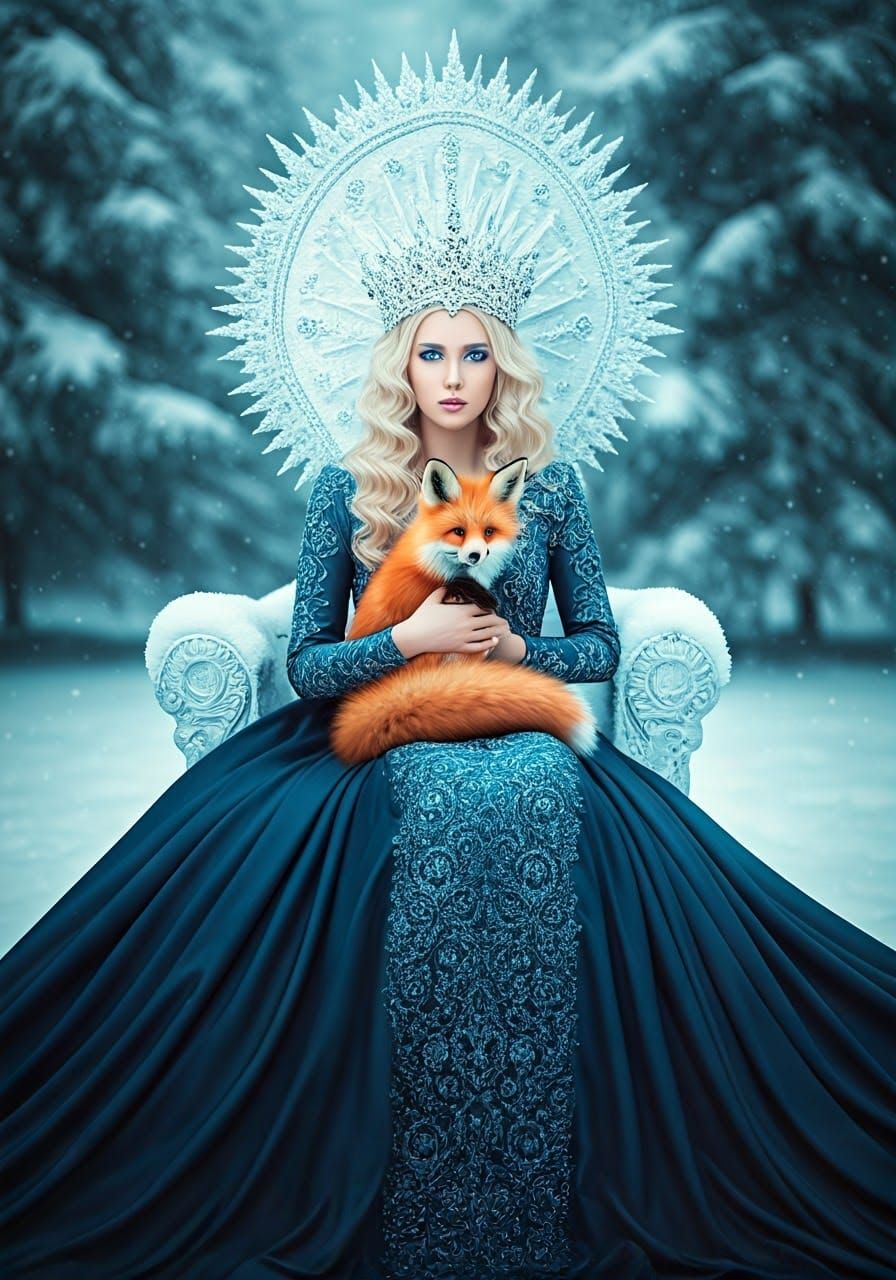 Regal Winter Queen in Dark Blue Gown Hugs a Red Fox in Snowy...