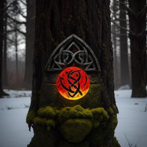 Stunning Celtic totem entirely covered with traditional Celtic carvings. Red moon, fire, flames. moss and ice in the bac...