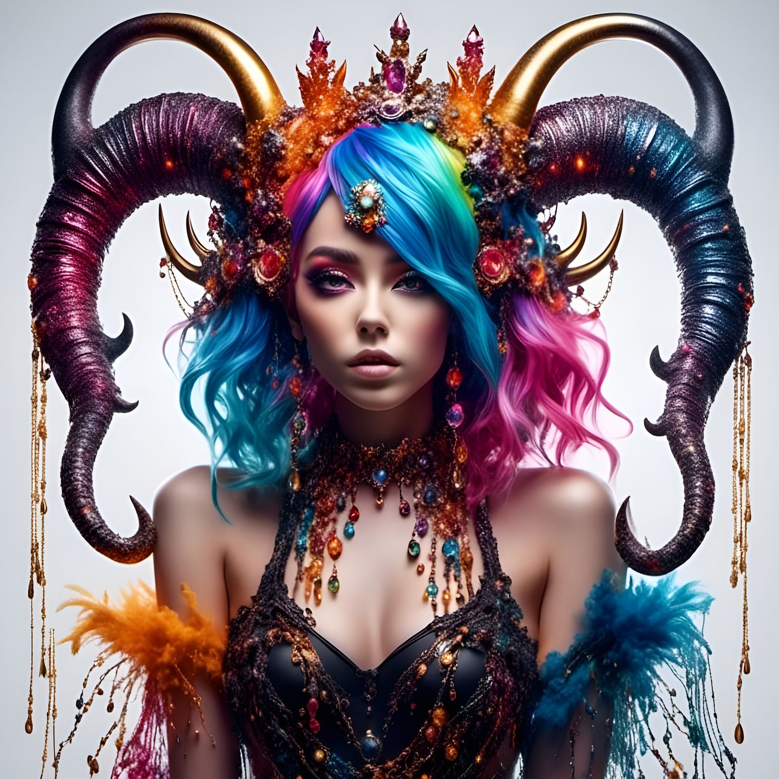 Devil Girl with Rainbow Hair and Horns