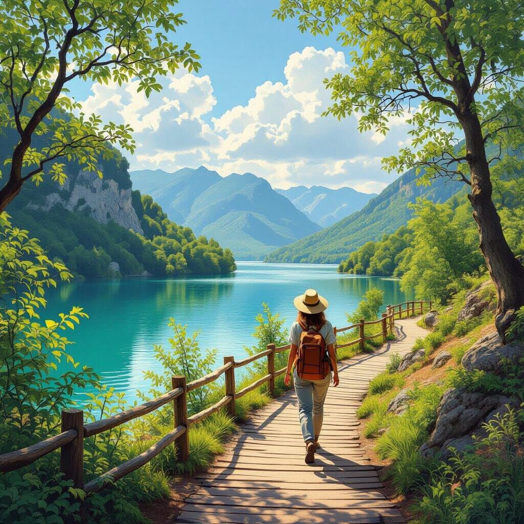 Lush Hiker Scene in Plitvice Lakes National Park