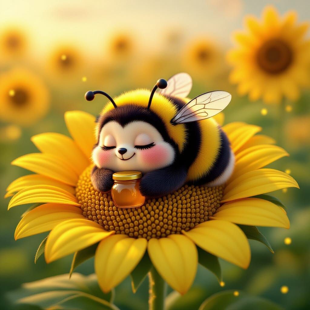 Bumblebee Nap on Sunflower Petal: Pixar-Kawaii Cartoon
