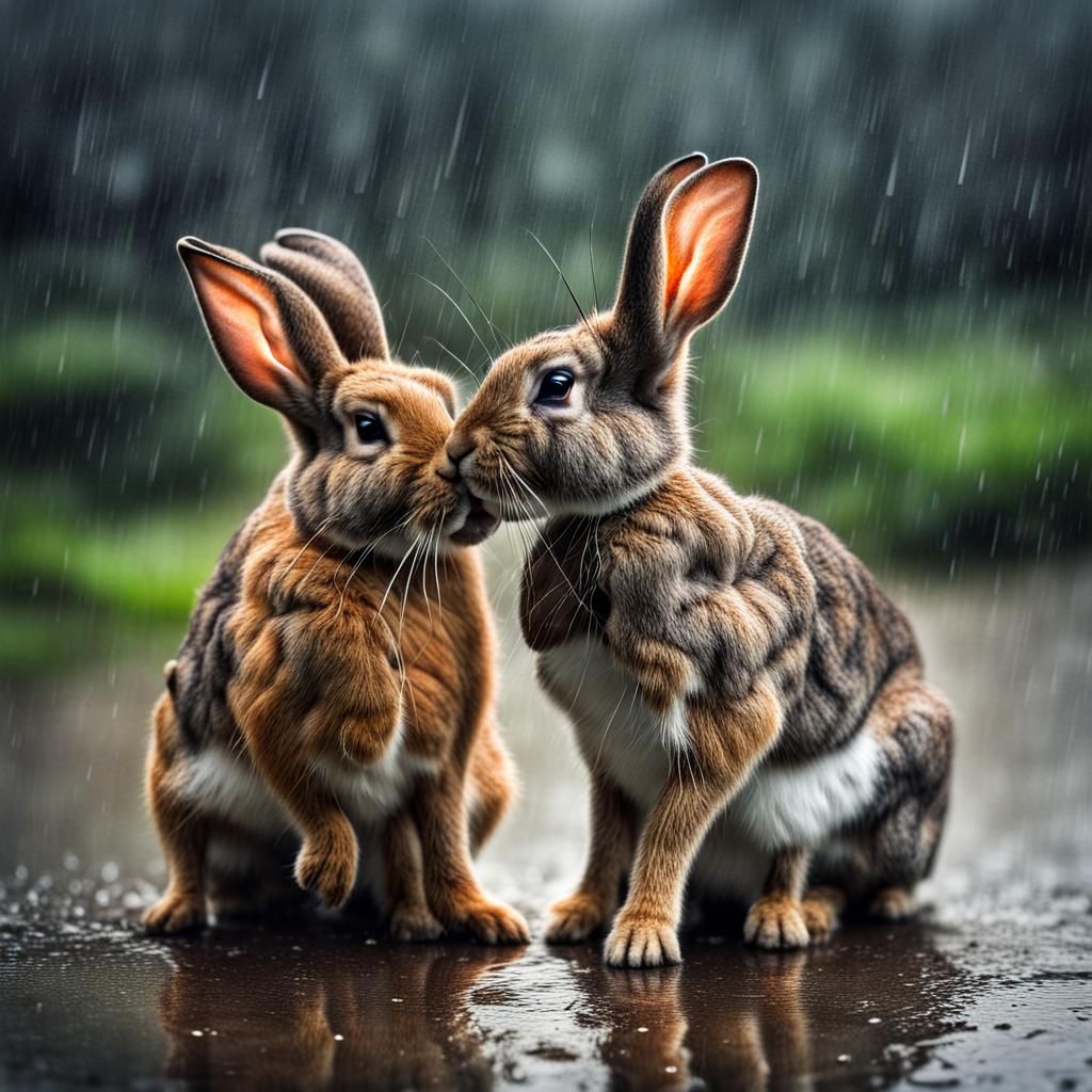Rabbits Quarrel in Rainy Hyperrealistic Scene
