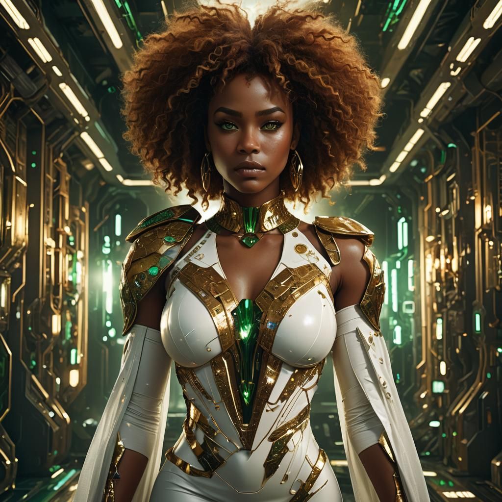 Futuristic Black Woman with Auburn Afro, Dark Fantasy Art