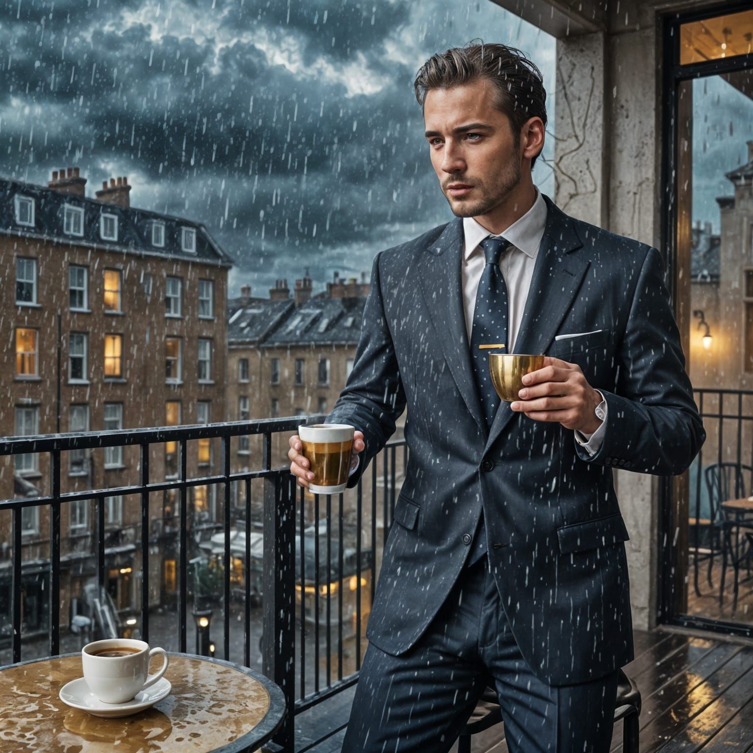 Man Drinking Coffee: Photorealistic Gold and Black Portrait