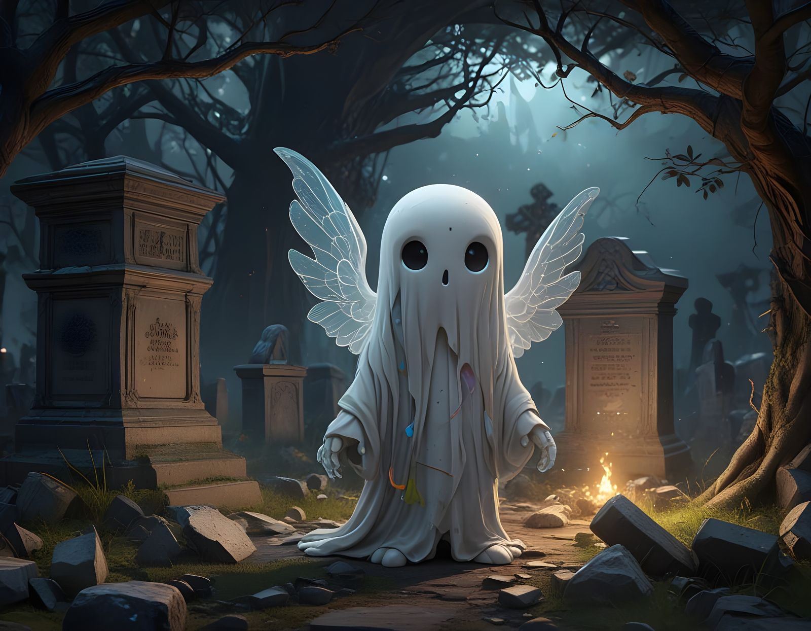 Chibi Ghost in Dark Graveyard