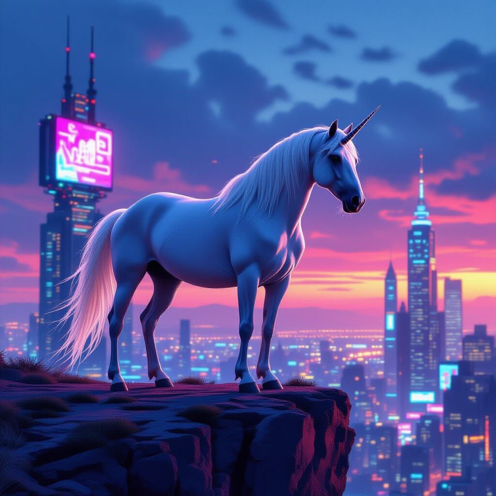 Majestic Horse Overlooking Cyberpunk City at Dusk