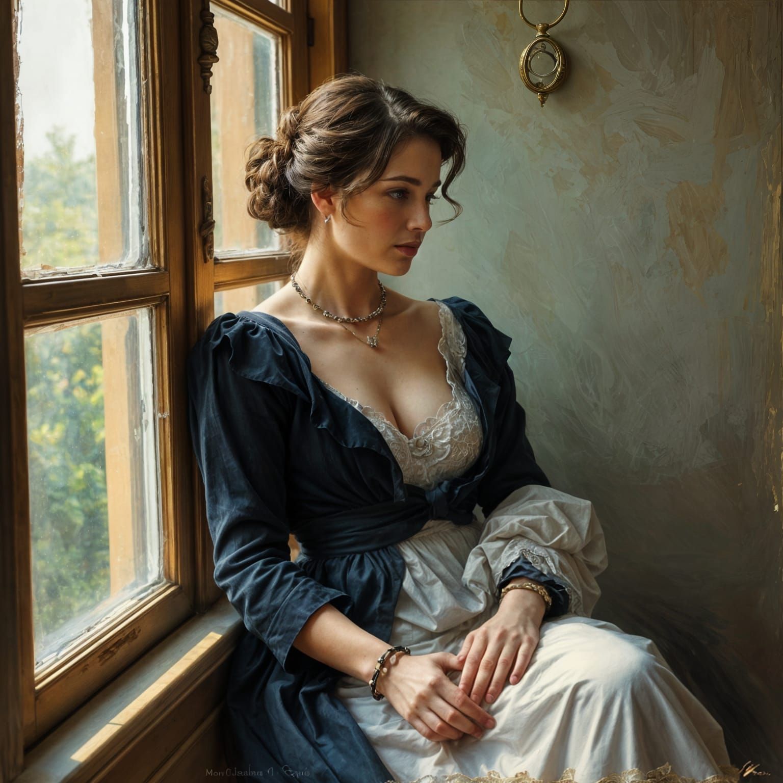 Woman by Window: Oil Painting in Genre Style