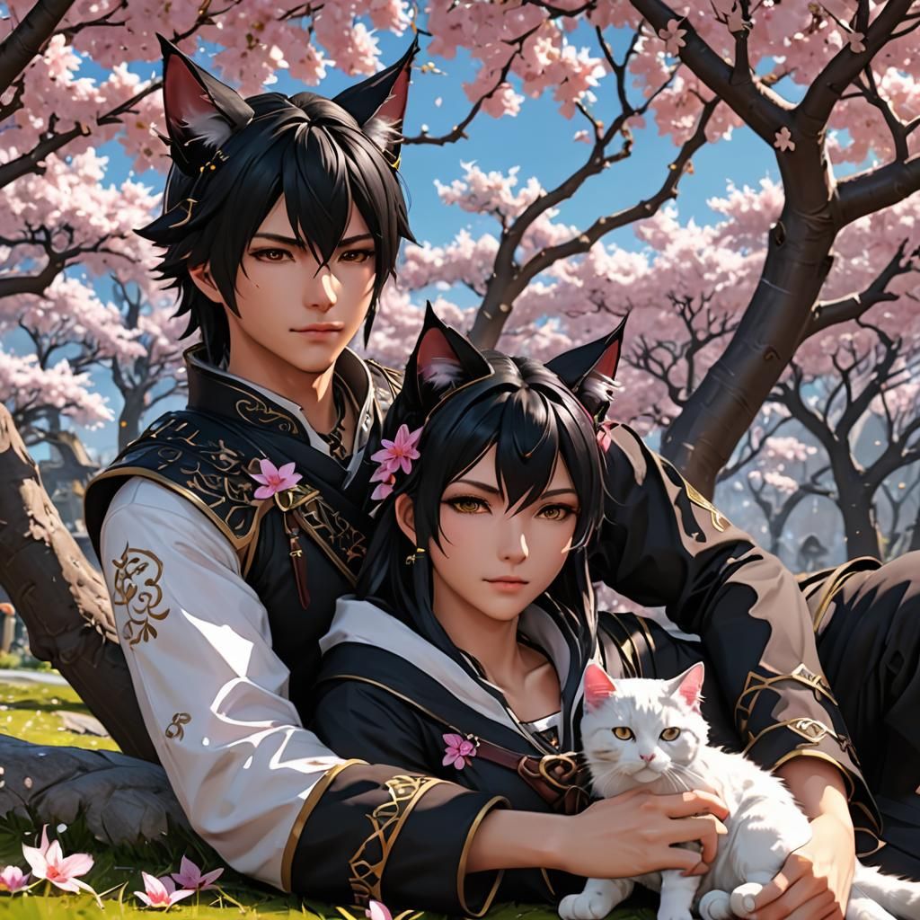 Anime Couple Under Sakura Tree in 3D