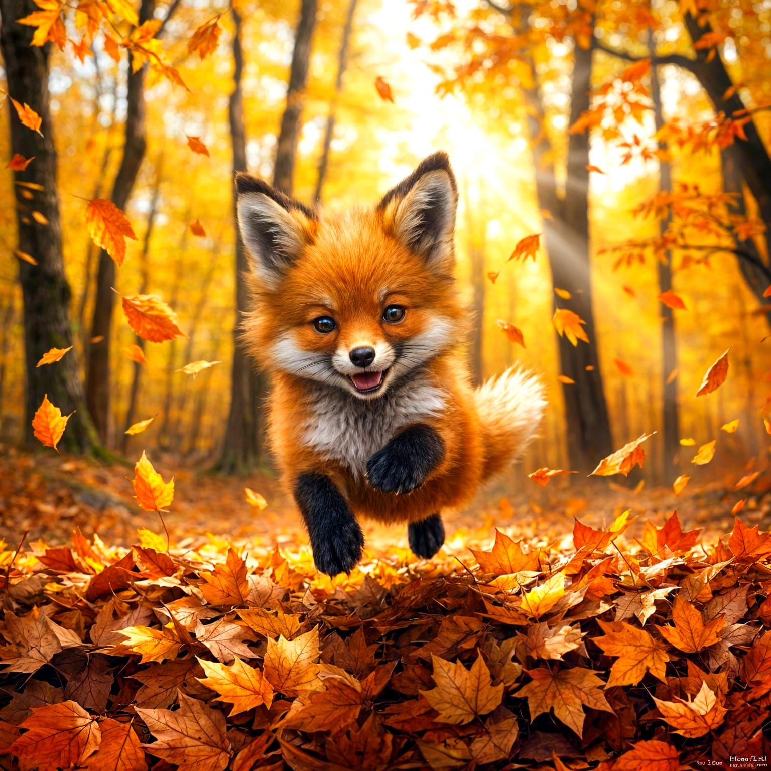 Joyful Fox Pup Plays in Autumn Leaves
