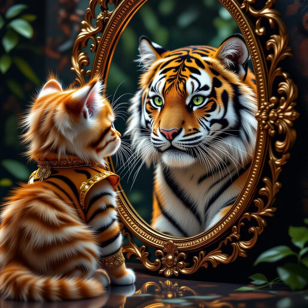 Kitten's Tiger Transformation in Ornate Mirror